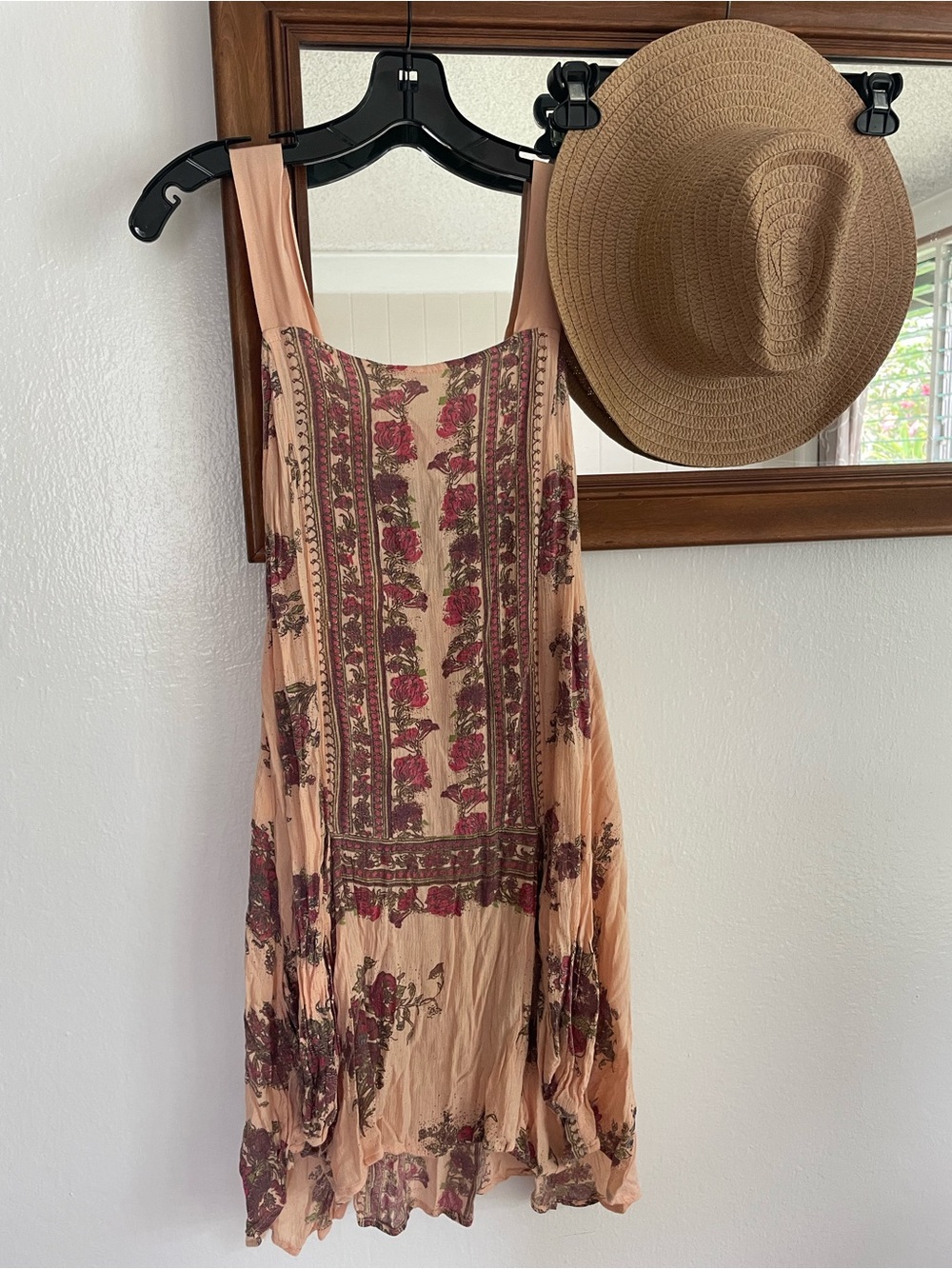 Free People Peach Floral Mini Dress with Cute Front Pocket Detail